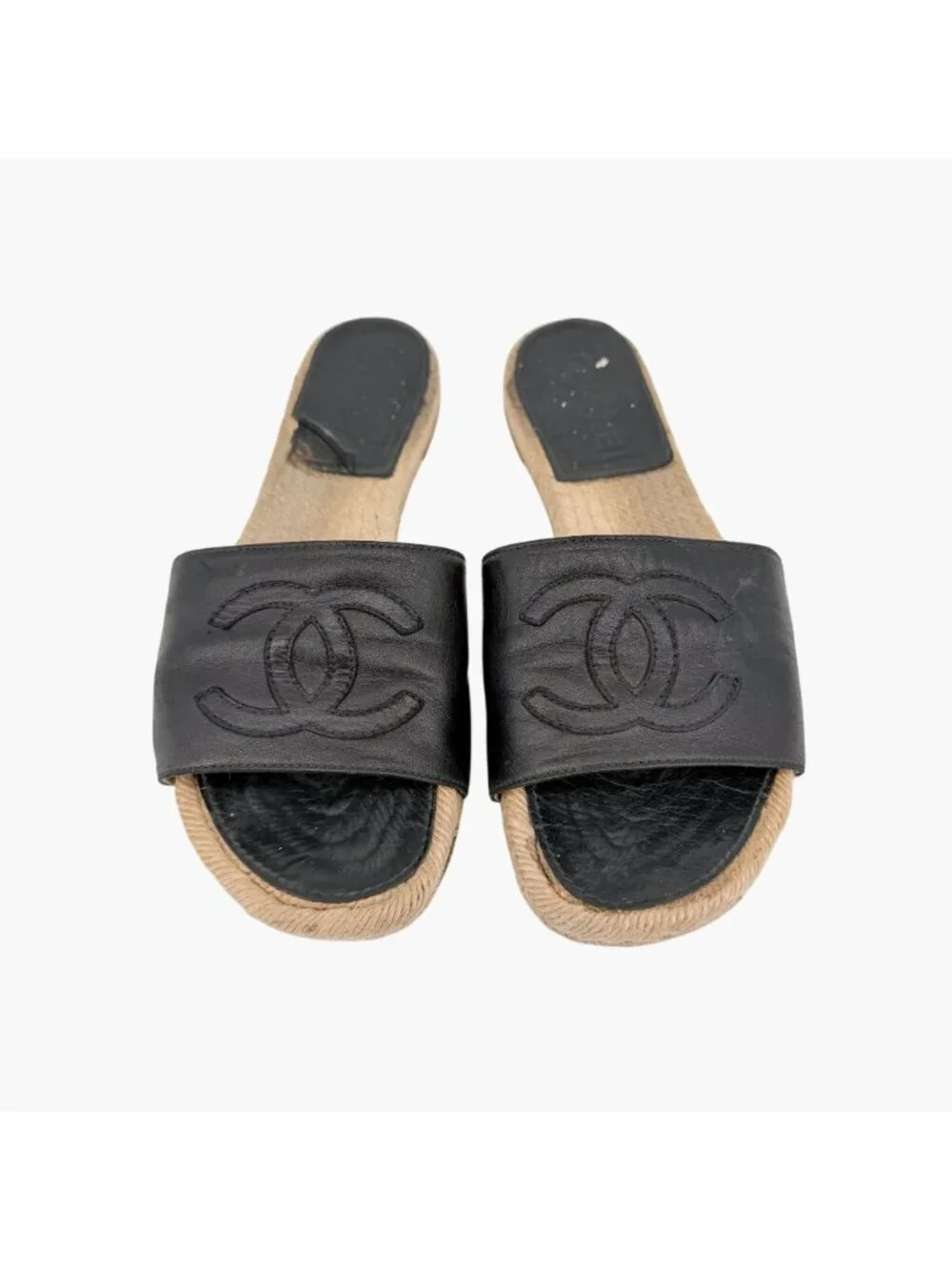 Chanel Black Leather CC Espadrille Slide Sandals Flats Size 38 US 7–7.5 Women's
